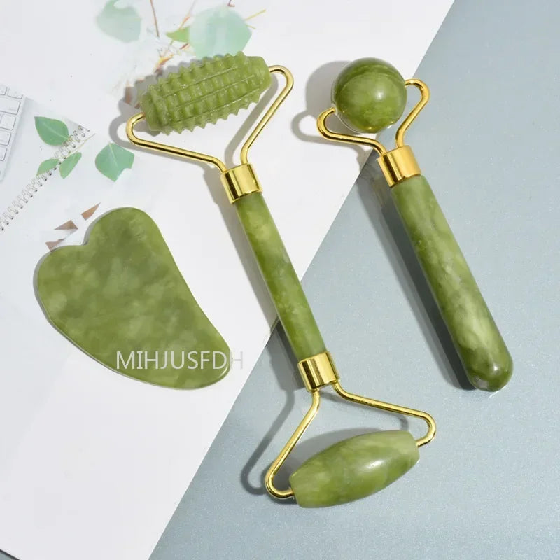 Natural Jade Roller Massager for Face Body Back Foot Massage Roller Facial Liftting Anti-Wrinkle Double-End Gua Sha Jade Stone